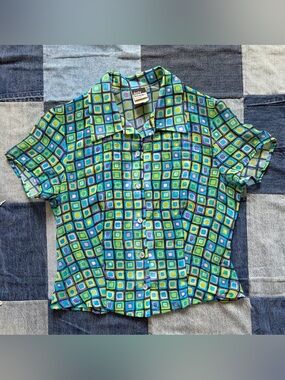 VTG 80s Judy Knapp California Blouse Button Up Green Blue Square Abstract USA M